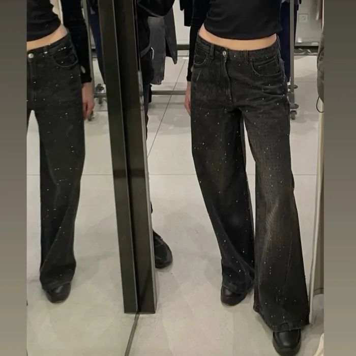 Black Rinestones Baggy Jeans High-Rise